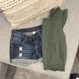 Maurices Blue Denim Shorts and Lucky Brand Olive Top